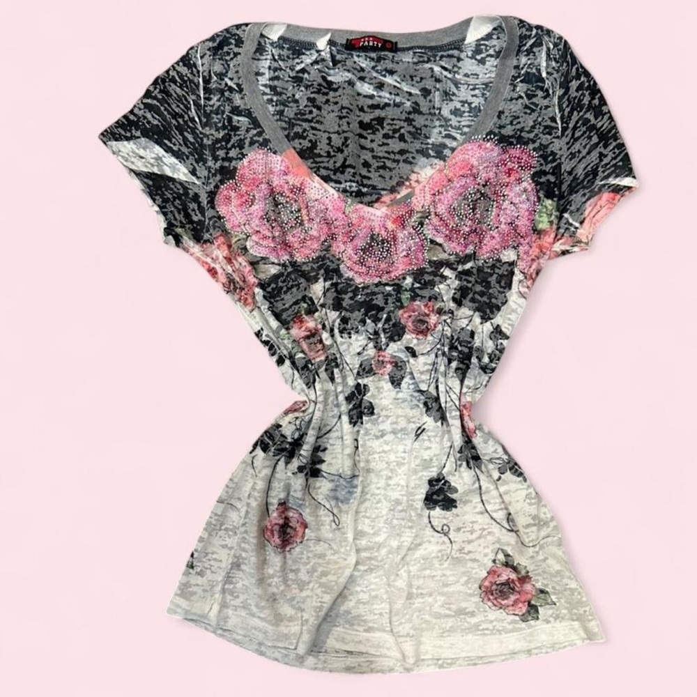 T Party Fashion Pink Floral Burnout V-Neck Tee with Embellished Roses